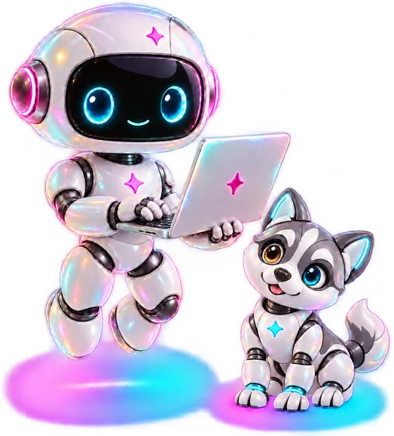 Incuv8or's AI agent working on a laptop, with a robot husky sitting beside it